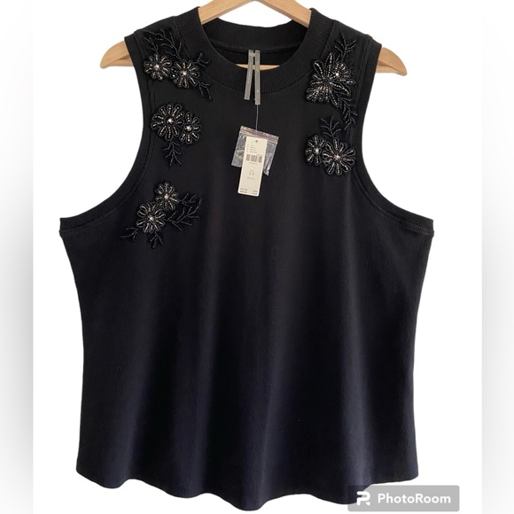Anthropologie Tops - Anthropologie Black Beaded Applique Tank Top Sleeveless Ribbed Cotton Knit Sz 2X